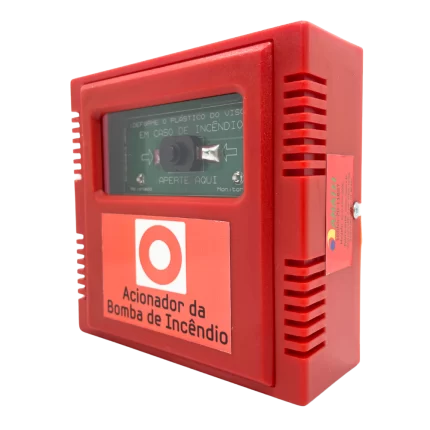 Acionador sem fio da bomba de incêndio para sistema de detecção de incêndio wireless, com botão de emergência destacado.