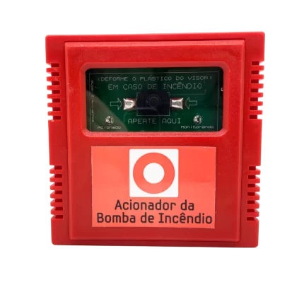 Acionador sem fio da bomba de incêndio para sistema de detecção de incêndio wireless, com botão de emergência destacado.