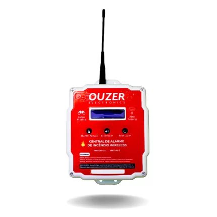 Central de Alarme de Incêndio V7 Wireless visível, configurada para sistemas de detecção de incêndio, mostrando display digital e botões de controle.