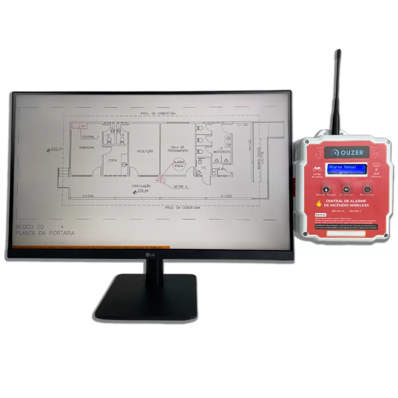 Painel Sinótico Wireless para Detecção de Incêndio, mostrando layout intuitivo com LEDs indicativos e conexões sem fio.