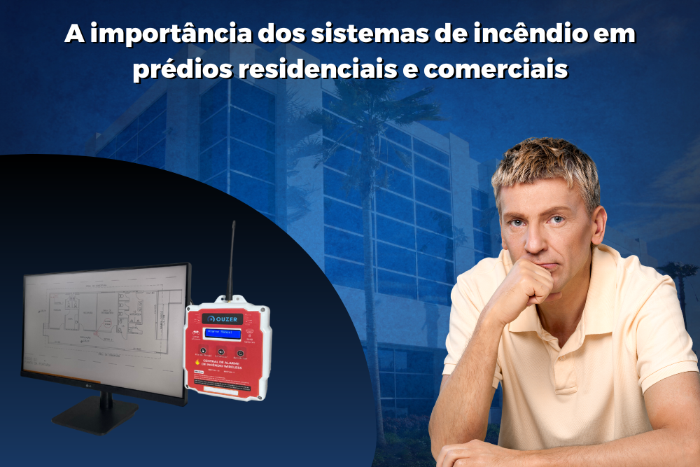 Um homem pensando sobre a importância dos sistemas de incêndio e ao lado um dispositivo utilizado para segurança contra incêndios.