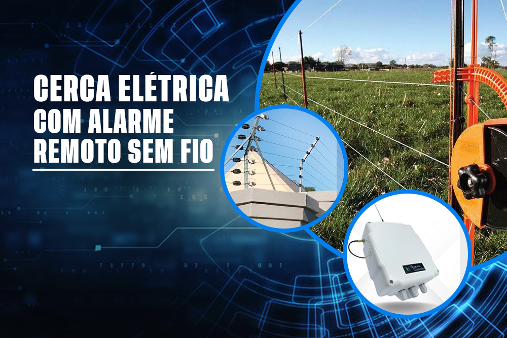 Ilustração de uma cerca elétrica com alarme remoto em uma propriedade rural, mostrando um sinal de alerta sendo enviado para a sede.