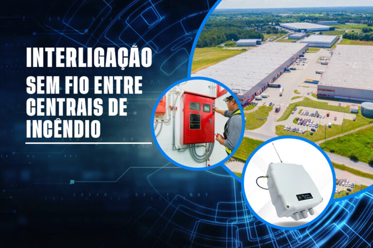Sistema de interligação de centrais de incêndio sem fio monitorando múltiplos prédios em um campus universitário.