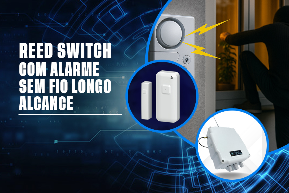 Sensor de abertura sem fio de longo alcance instalado na porta de um galpão rural, enviando um sinal de alerta para a sede.